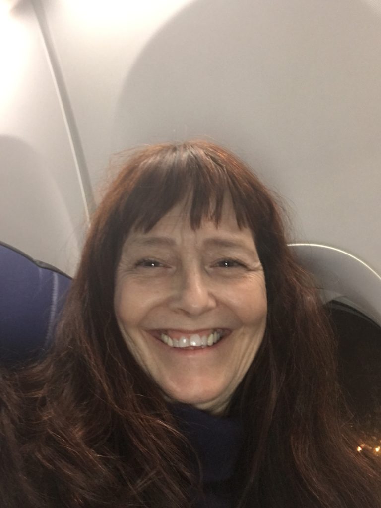 A smiling woman with an open window shade behind her on a commercial aircraft. 